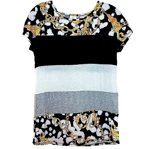 MISS 2 DAY Color Blocked Scoop Neck T-Shirt with Cap Sleeves. - Picture 1 of 5